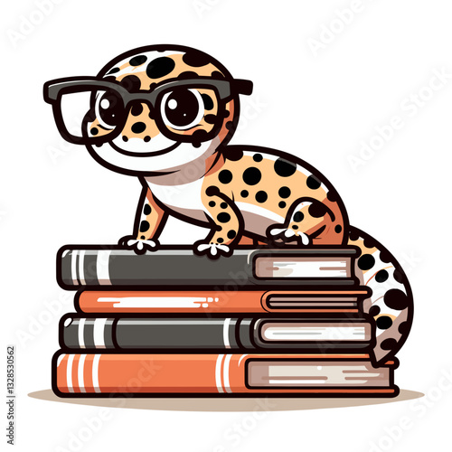 Leopard gecko scholar sitting on stack of books with glasses. Vector illustration perfect for academic themes and educational library content.