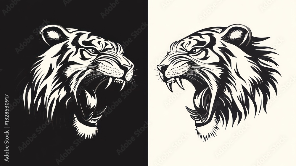 custom made wallpaper toronto digitalTwo black and white tiger head graphic art prints, roaring, side by side, one on a black background and the other on a white background..