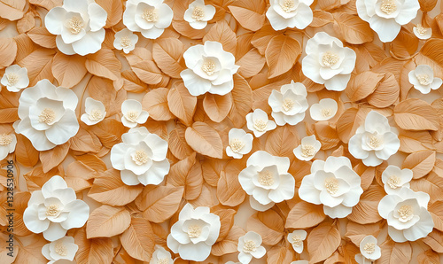 Elegant White Flowers on Peach Background with Green Leaves