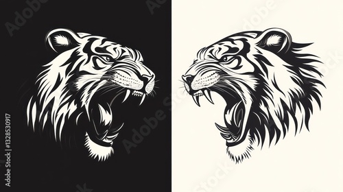 Wallpaper Mural Two black and white tiger head graphic art prints, roaring, side by side, one on a black background and the other on a white background.. Torontodigital.ca