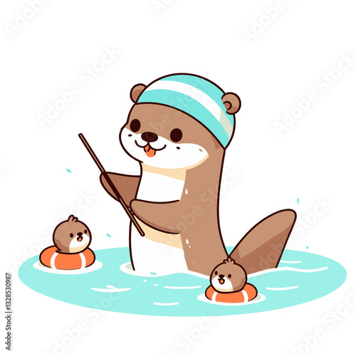 Otter ice fishing with rod and winter headband. Vector illustration perfect for winter outdoor activities and fishing sport themes.