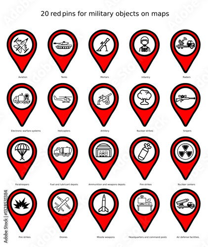 Flat map pins for military objects on red background, location icons set on transparent background. Position symbols or GPS positioning	
