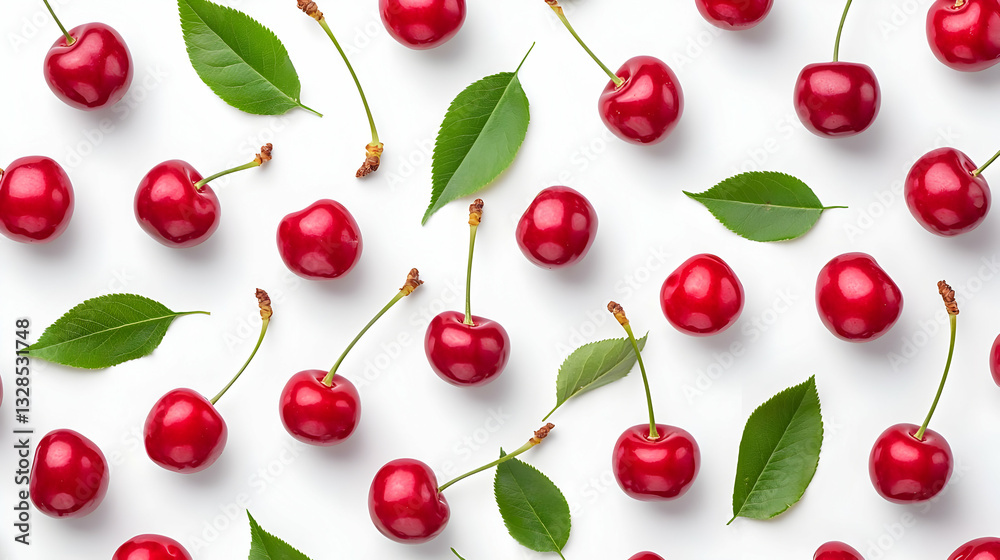 Fresh Red Cherries with Green Leaves on White Background Layout Fresh Red Cherries with Green Leaves on White Background Layout
