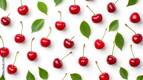 Fresh Red Cherries and Leaves on White Background Layout