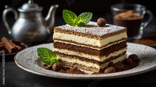 A plate of classic Italian tiramisu, layered with mascarpone cheese and coffee-soaked ladyfingers, dusted with cocoa powder. A fresh mint leaf on top adds a refreshing touch. The plate is surrounded b