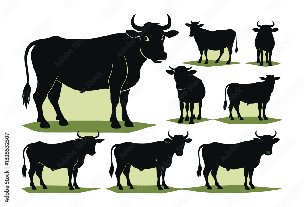 Simple Black and White Silhouettes of Cows set Simple Black and White Silhouettes of Cows set