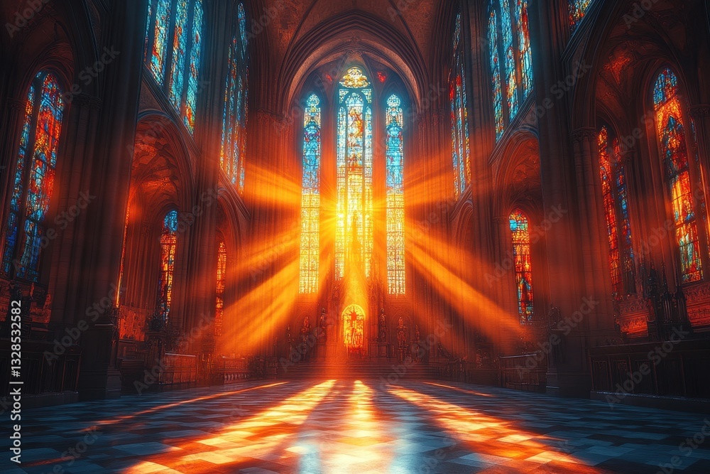Light beams illuminate the intricately designed interior of a grand cathedral at sunset