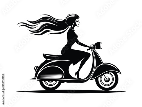 vintage scooter silhouette, woman riding moped, retro   style