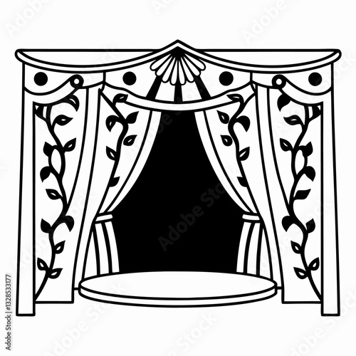 elegant theater stage with ornate curtains, floral motifs, and classic arch design for performance arts