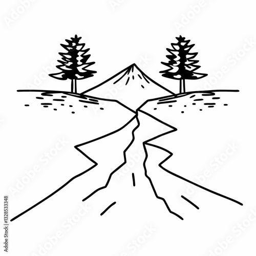 Simple mountain landscape with trees and winding path illustration minimalist line art