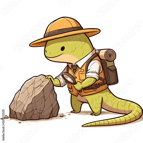 Lizard geologist examining rock with hat and backpack. Vector illustration perfect for science exploration and natural history education themes.