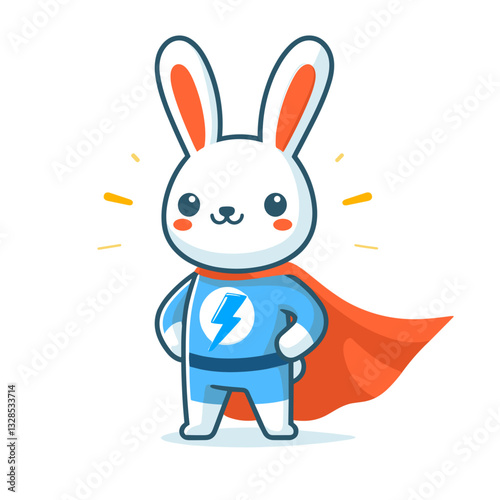 Superhero rabbit in blue costume with orange cape. Vector illustration perfect for children's comics and brave character storybook themes.
