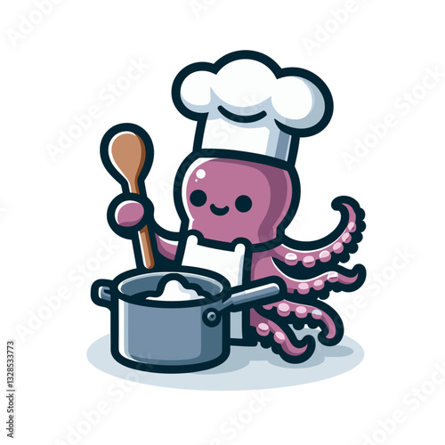 Octopus chef cooking in pot with chef hat. Vector illustration perfect for seafood restaurants and multitasking culinary character concepts.