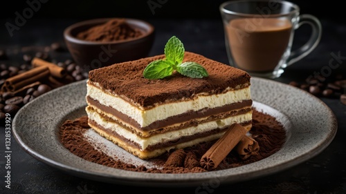 A plate of classic Italian tiramisu, layered with mascarpone cheese and coffee-soaked ladyfingers, dusted with cocoa powder. A fresh mint leaf on top adds a refreshing touch. The plate is surrounded b