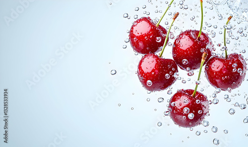 Fresh Cherries in Water with Bubbles Splashing Around Them