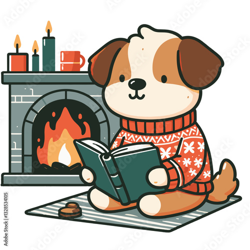 Dog reading book by fireplace in holiday sweater. Vector illustration perfect for cozy winter evenings and literary relaxation themes.