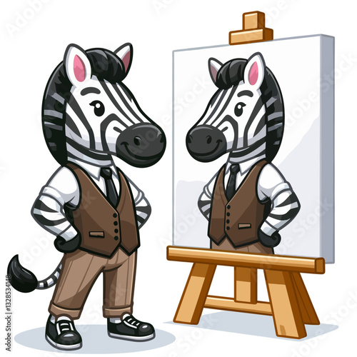 Zebra artist painting self-portrait at easel. Vector illustration perfect for creative self-expression and artistic character design concepts.