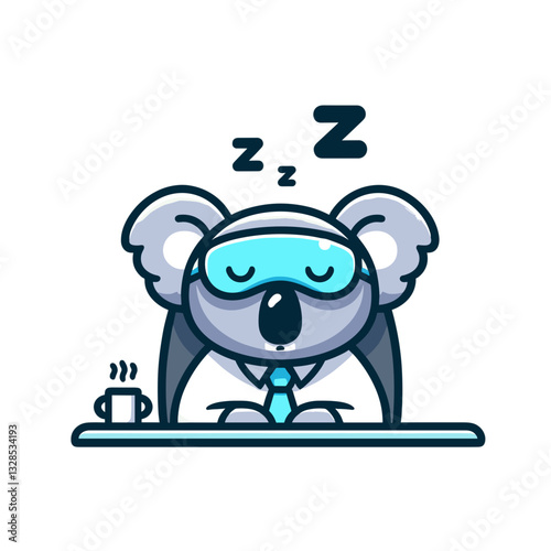 Sleepy koala office worker with coffee cup. Vector illustration perfect for Monday morning fatigue and work humor concepts.