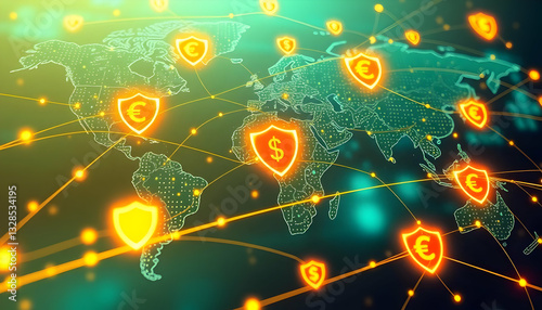 Global Financial Network with Currency Symbols and Security Icons