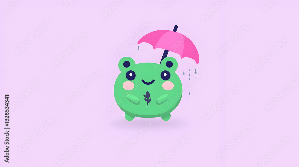 Cute Green Frog Character Holding Pink Umbrella with Raindrops