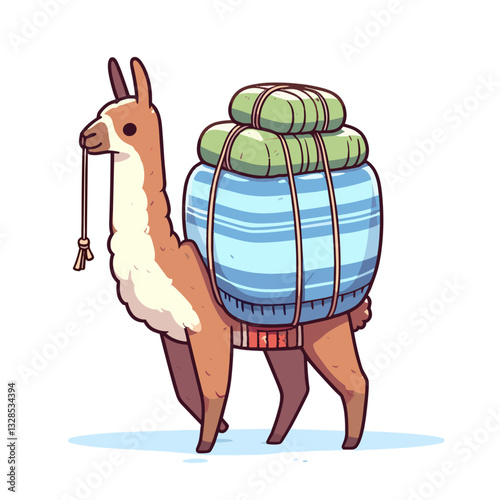 Llama pack animal carrying colorful blanket load. Vector illustration perfect for mountain travel adventures and South American cultural themes.