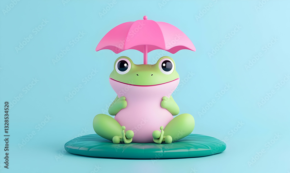 Obraz premium Cute Cartoon Frog Sitting Under Pink Umbrella on Tropical Leaf