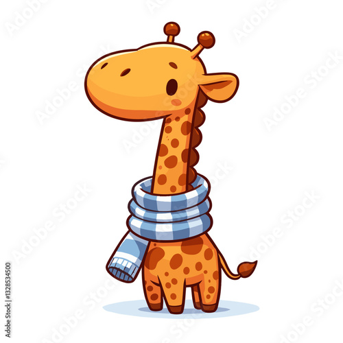 Baby giraffe wearing blue checked scarf with spotted pattern. Vector illustration perfect for children's fashion and cute animal character design.