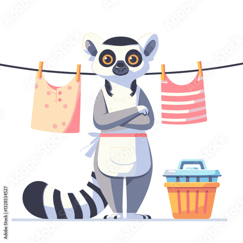 Lemur doing laundry with clothesline and basket. Vector illustration perfect for household chores and domestic character design concepts.