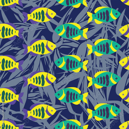 Colorful decorative fish. Decorative seamless pattern. Can be used in textile industry, paper, background, scrapbooking. Vector illustration