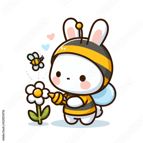 Bunny bee keeper with flower and honey bee. Vector illustration perfect for spring pollination themes and nature conservation character design.