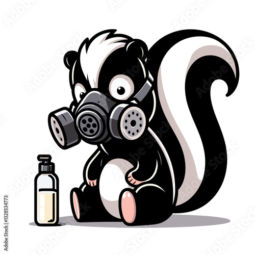 Skunk with gas mask and protective bottle. Vector illustration perfect for environmental safety and pollution protection character concepts.