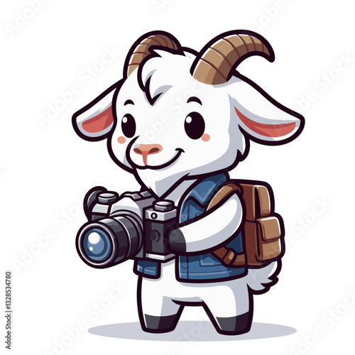 Goat photographer with camera and backpack. Vector illustration perfect for travel documentation and wildlife expedition character concepts.