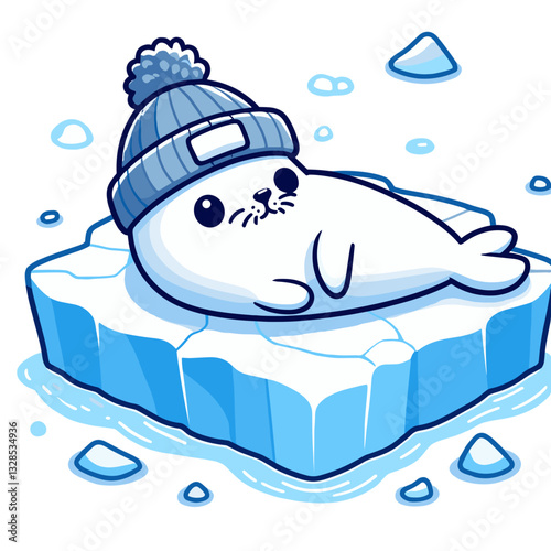 Baby seal on ice floe wearing winter hat. Vector illustration perfect for Arctic wildlife conservation and cold climate character design.