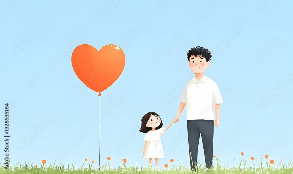 Father and Daughter Holding Hands Near Large Heart Balloon Outdoor Father and Daughter Holding Hands Near Large Heart Balloon Outdoor