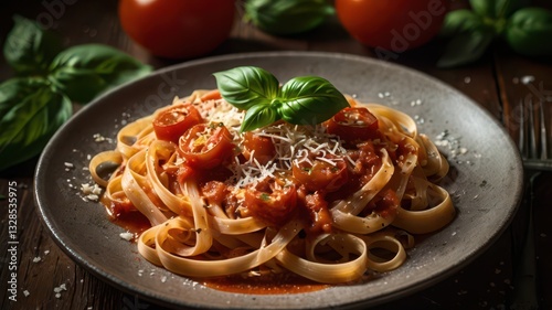 A plate of fettuccine pasta covered in rich tomato sauce, garnished with fresh basil leaves and grated Parmesan cheese. The plate sits on a rustic dark wooden table with fresh tomatoes, garlic, and ba
