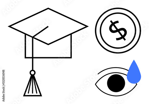 Graduation cap, teardrop, and dollar coin represent the emotional and financial struggles tied to education. Ideal for student debt, financial aid, goals, achievements, stress, sacrifice flat simple