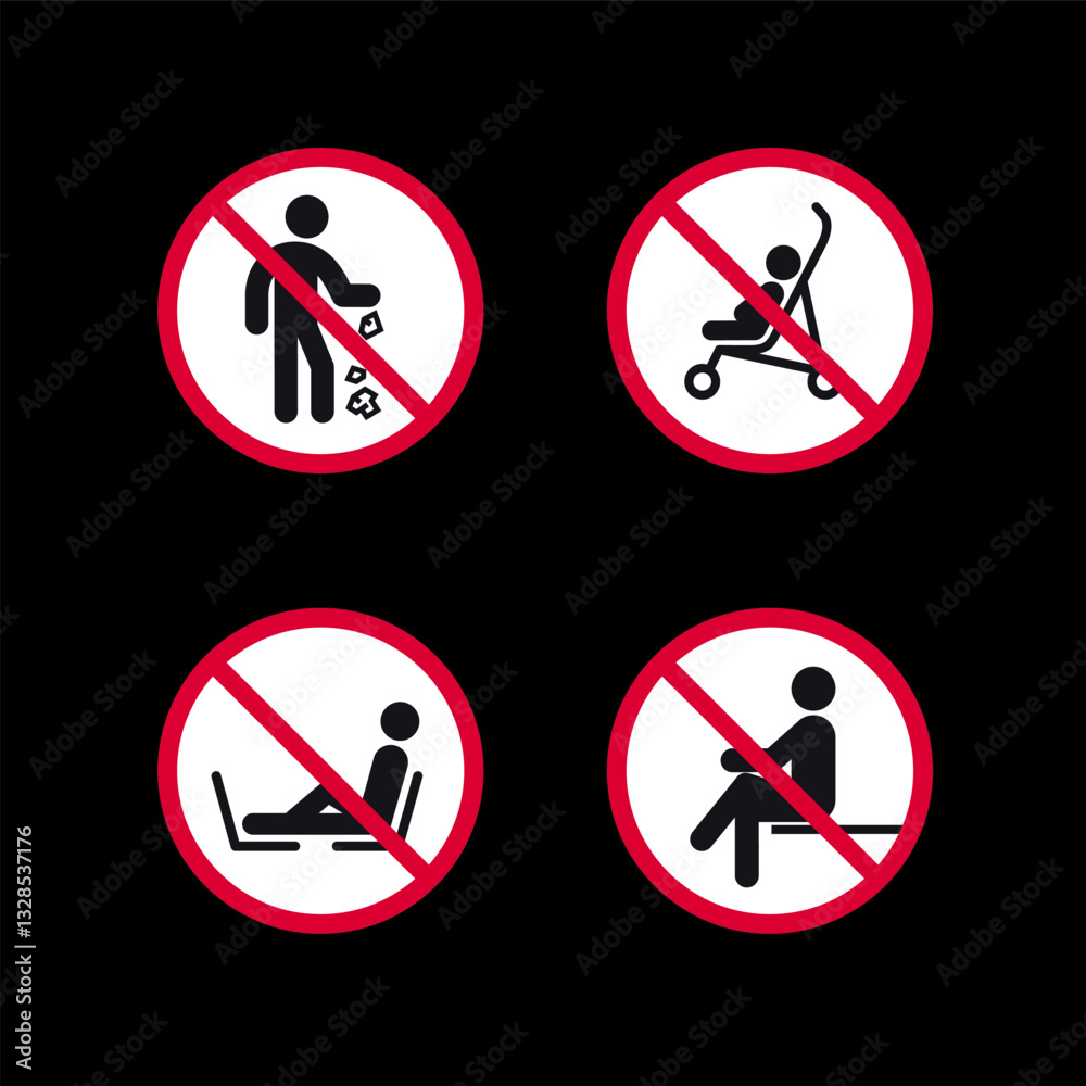 Prohibited signs, forbidden round stickers set, vector icons. Prohibited signs, forbidden round stickers set, vector icons.