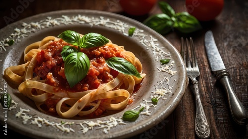 A plate of fettuccine pasta covered in rich tomato sauce, garnished with fresh basil leaves and grated Parmesan cheese. The plate sits on a rustic dark wooden table with fresh tomatoes, garlic, and ba