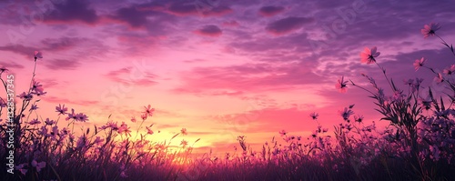 Deep pink and purple sunset sky over a quiet field with wildflowers swaying gently photo