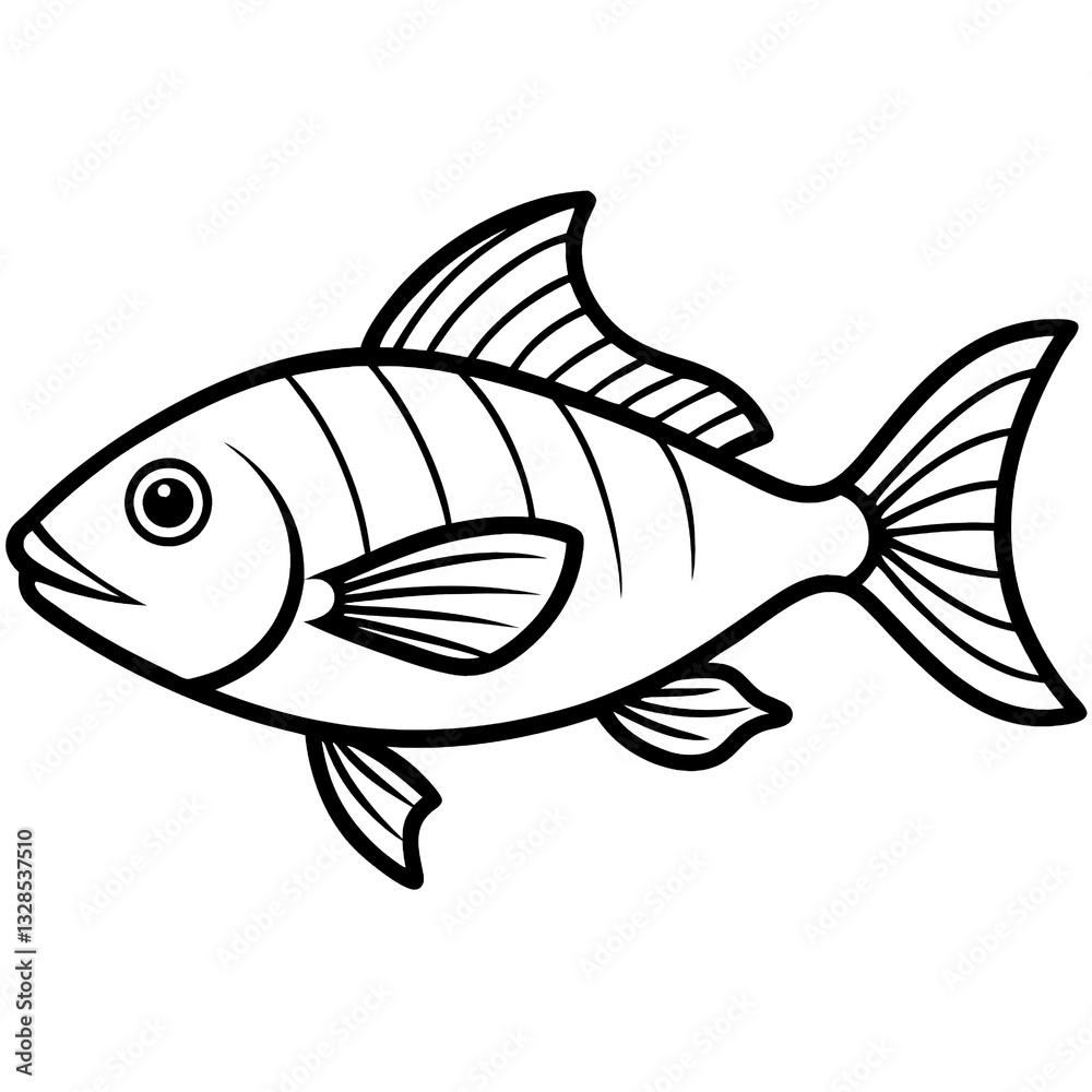 A Lively Striped Fish Swimming Gracefully In Bold Black Lines Against A Clean White Background A Lively Striped Fish Swimming Gracefully In Bold Black Lines Against A Clean White Background