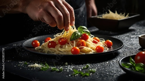 A professional chef elegantly plating spaghetti with cherry tomatoes, fresh basil, and Parmesan cheese. The chef’s hands are in motion, sprinkling Parmesan onto the dish, creating a dynamic effect. Th