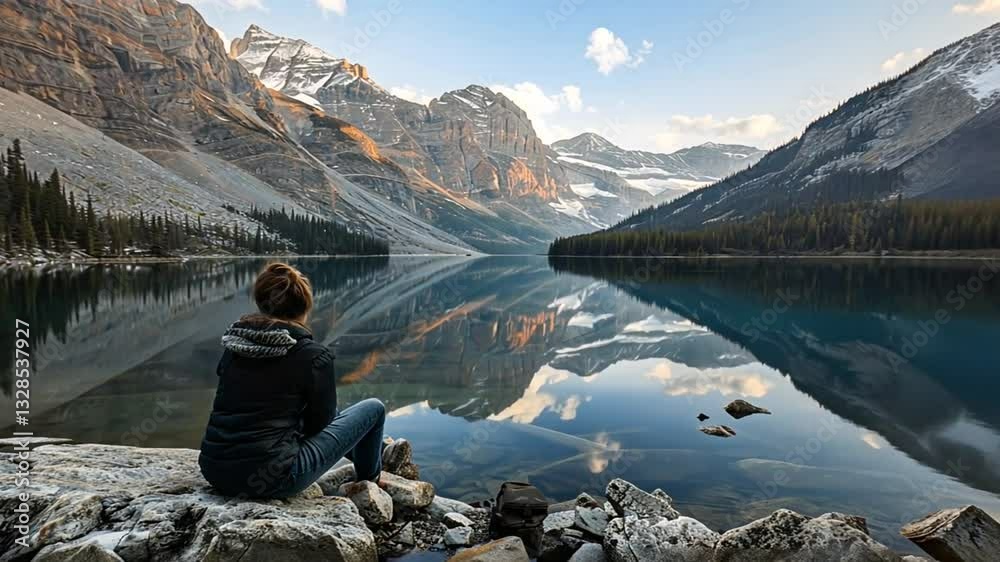 Wanderer sitzt am Bergsee und genießt die Aussicht