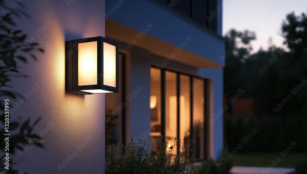 custom made wallpaper toronto digitalWarm outdoor wall light illuminates a modern home exterior at dusk.