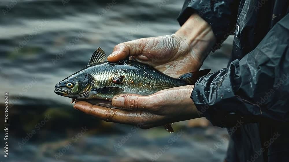 Zwei Hände halten einen frisch gefangenen Fisch über dem Wasser