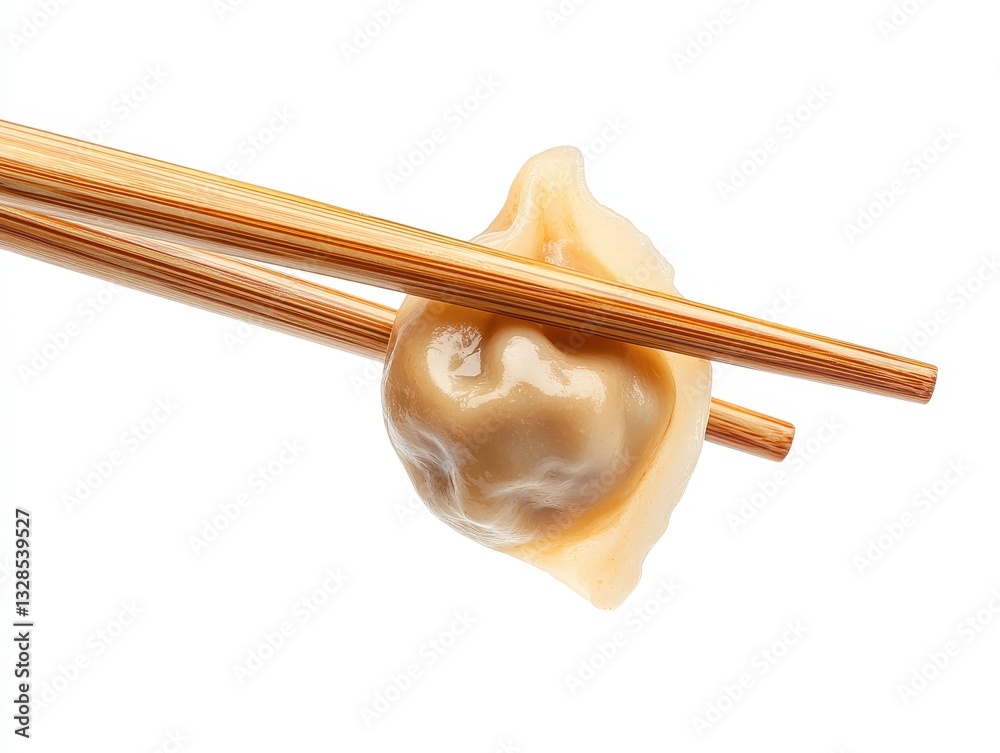 Close-up of a single dumpling held by wooden chopsticks against a white background. Close-up of a single dumpling held by wooden chopsticks against a white background.