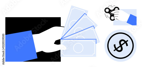 Hand spreading cash notes, hand holding fidget spinner, dollar symbol, representing spending, saving habits, financial management, investment, entertainment choices, budgeting tips flat simple