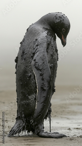 A striking and poignant image of a solitary penguin covered in b