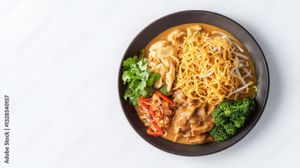Beautifully arranged bowl of khao soi with noodles and accompaniments on a white background for food photography Beautifully arranged bowl of khao soi with noodles and accompaniments on a white background for food photography