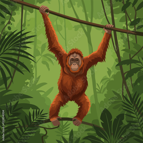 Orangutan Swinging in Lush Green Jungle Canopy Illustration
