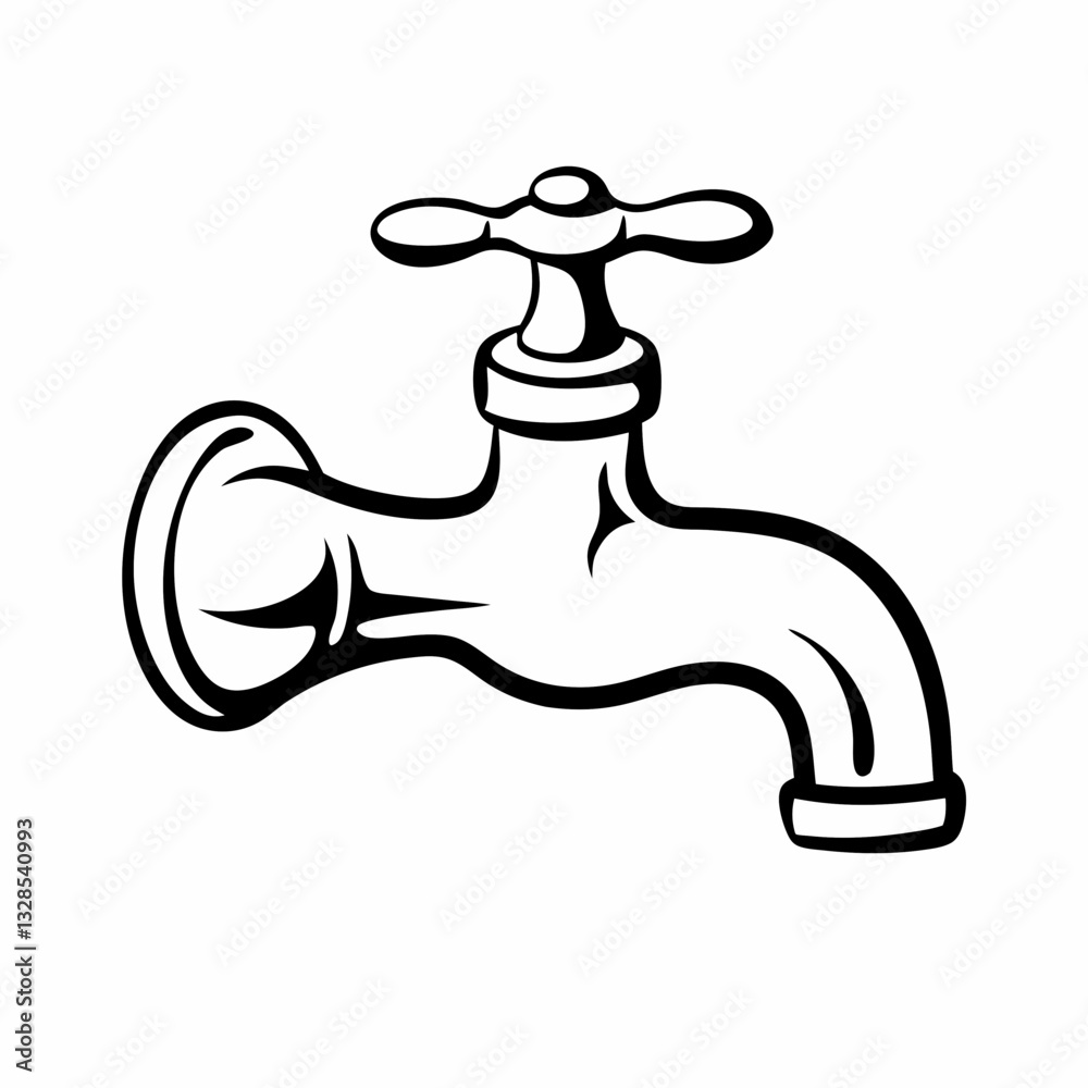Black and white drawing of a water faucet with handle on white background Black and white drawing of a water faucet with handle on white background